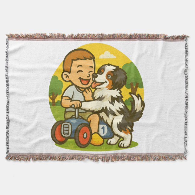 Cute Puppy and Kid Playtime Throw Blanket (Front)
