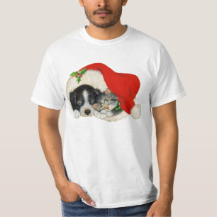 Cute Puppy And Kitten Sleep In A Santa Hat T-Shirt