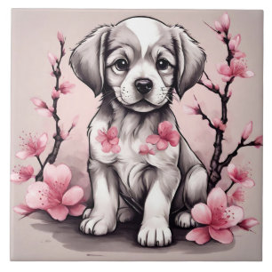 Cute Puppy and Pink Cherry Blossom Flowers Tile
