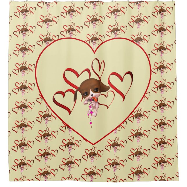 Cute Puppy And Red Hearts  Shower Curtain (Front)