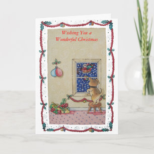 cute puppy and Santa picture art greeting card