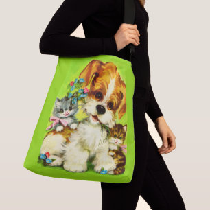 cute puppy and smiling kittens print crossbody bag