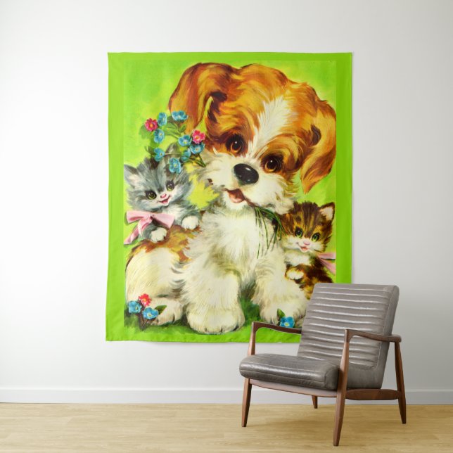 cute puppy and smiling kittens print tapestry (In Situ)