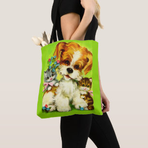 cute puppy and smiling kittens print tote bag