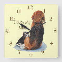 Cute puppy beagle cuddling mom dog realist art