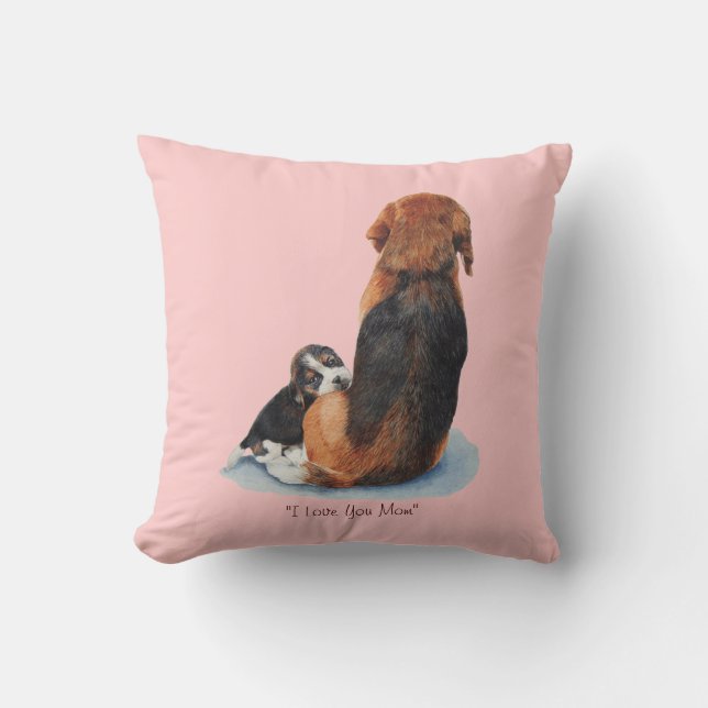 cute puppy beagle cuddling mum dog cushion (Front)