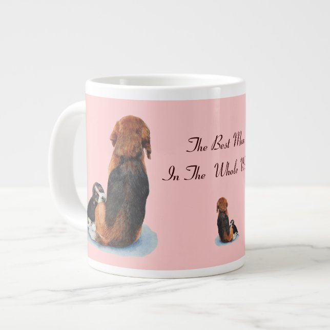 Cute puppy beagle cuddling mum dog portrait large coffee mug (Front Left)