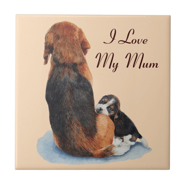 cute puppy beagle cuddling mum dog with slogan tile (Front)
