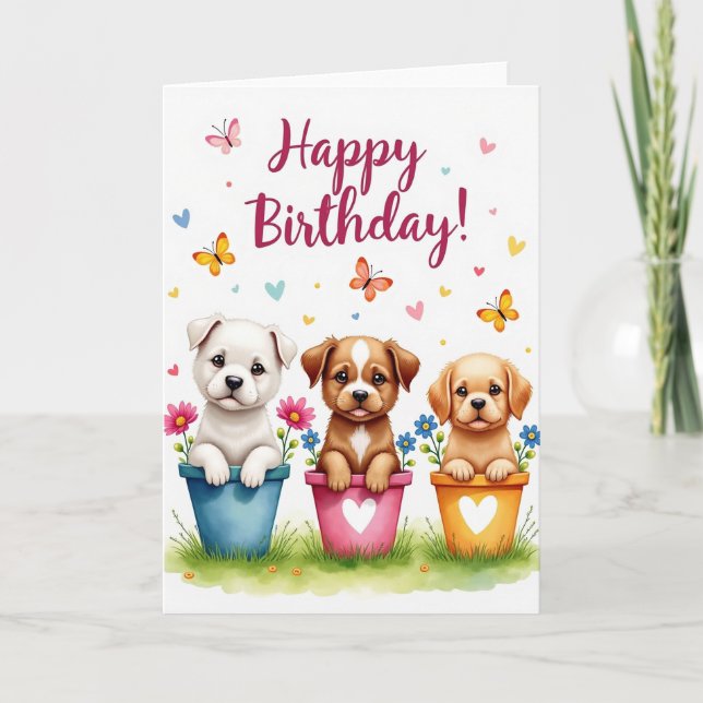 Cute Puppy Birthday Pot Card (Front)
