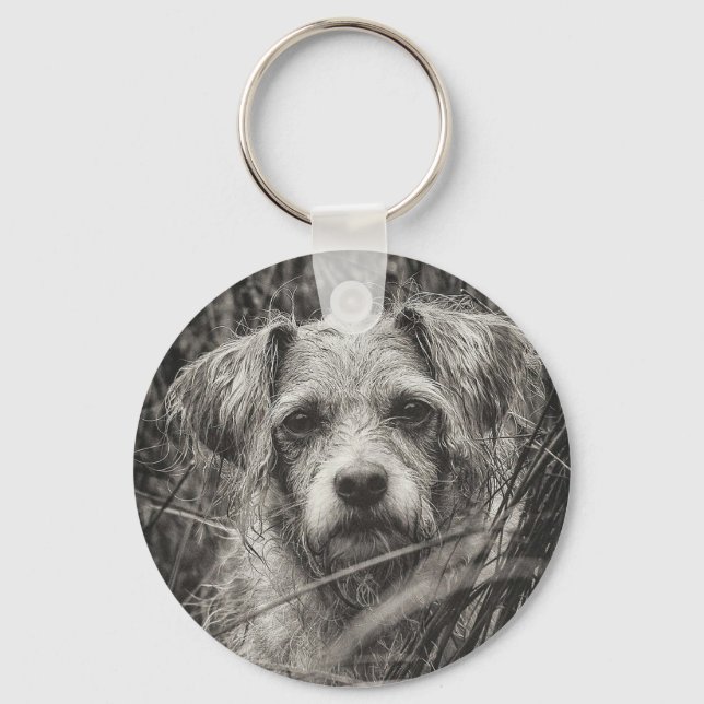 Cute Puppy Black and Whie Portrait Photograph Key Ring (Front)