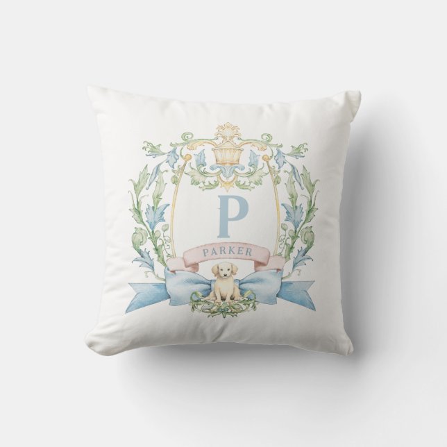 Cute Puppy Blue Ribbon Crest | Baby Boy Cushion (Front)