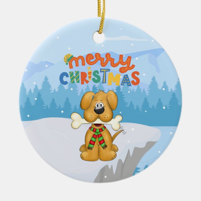 Cute Puppy Bone Snow Christmas Ceramic Ornament (Front)