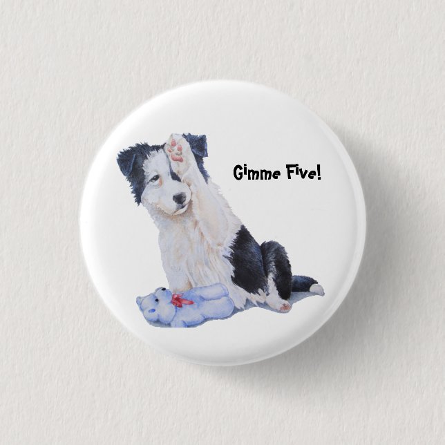 Cute puppy border collie gimme five! art button (Front)