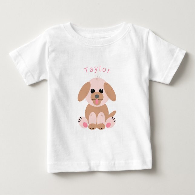 Cute Puppy Cartoon Personalised Neutral Pastel Baby T-Shirt (Front)
