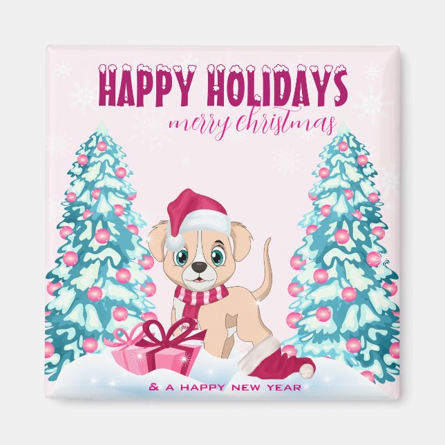 Cute Puppy Cartoon Pink Christmas Holidays Magnet (Front)