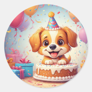 Cute Puppy Celebrating Birthday Party With Cake Classic Round Sticker