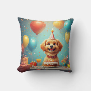 Cute Puppy Celebrating Birthday Party With Cake Cushion