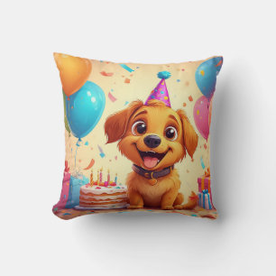 Cute Puppy Celebrating Birthday Party With Cake Cushion