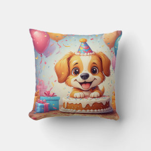 Cute Puppy Celebrating Birthday Party With Cake Cushion
