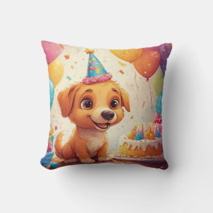Cute Puppy Celebrating Birthday Party With Cake Cushion