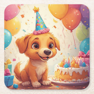 Cute Puppy Celebrating Birthday Party With Cake Square Paper Coaster