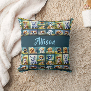 Cute puppy collage, baby dogs, personalised cushion