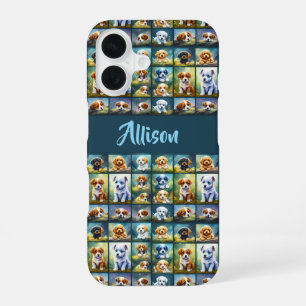 Cute puppy collage, baby dogs, personalised iPhone 16 case