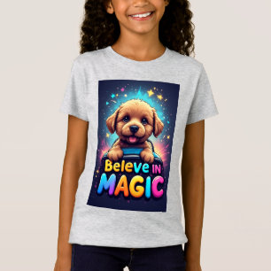 Cute Puppy Colourful "Believe In Magic" Typography T-Shirt