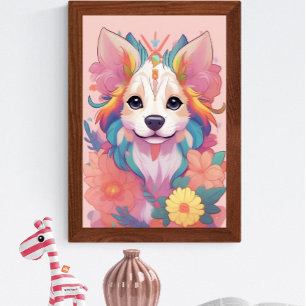 Cute Puppy Colourfully Flowers Poster