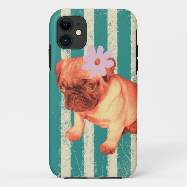 cute puppy daisy green stripes sad pug Case-Mate iPhone case (Back)