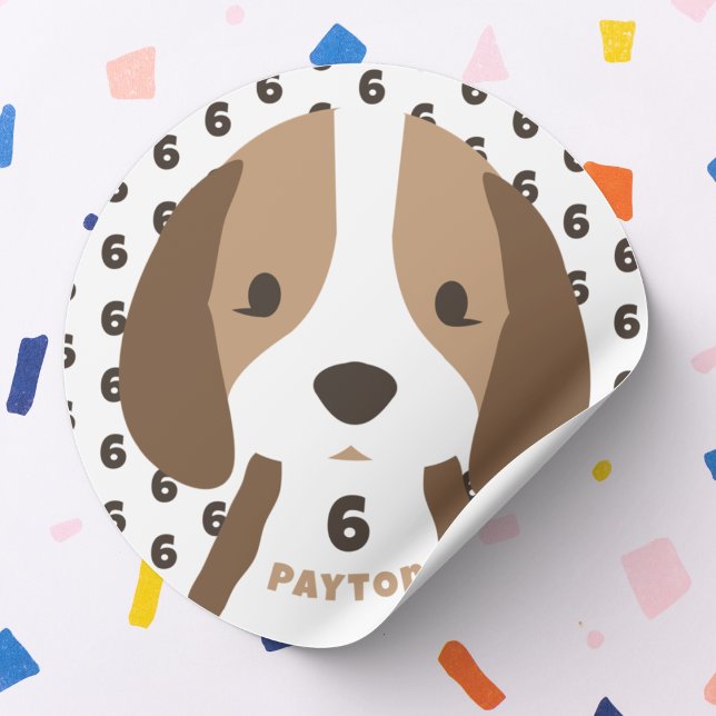 Cute Puppy Dog Age & Name Kid's Birthday Party Classic Round Sticker (puppy dog birthday party sticker with cute puppy and custom age and name)