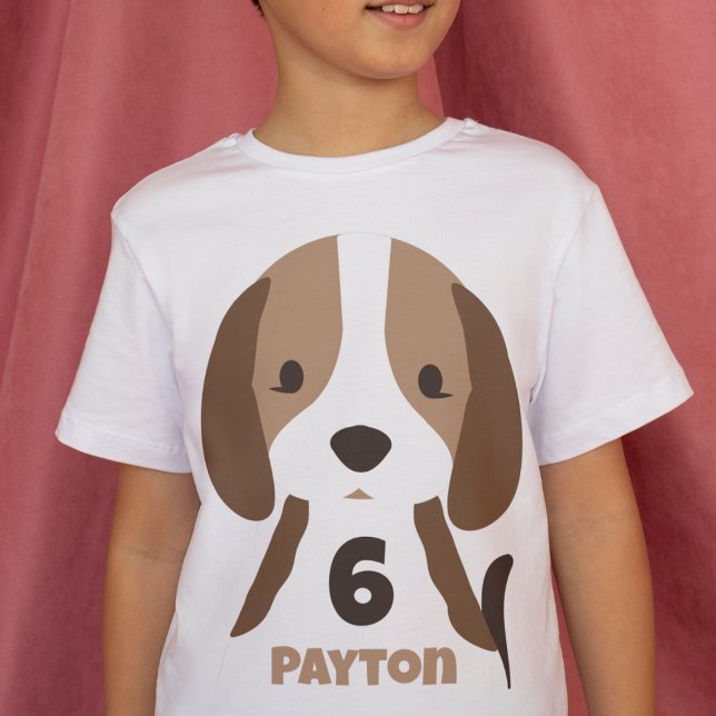 Cute Puppy Dog Age & Name Kid's T-Shirt (cute puppy dog birthday t-shirt with custom age and name beagle puppy birthday party shirt)