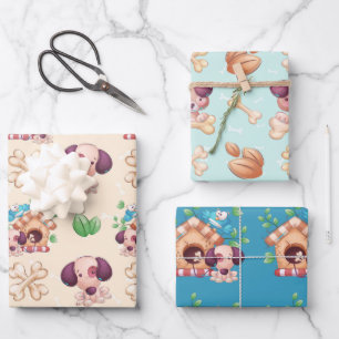 Cute Puppy Dog and Dog House Boy Wrapping Paper Sheet