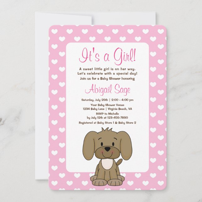 Cute Puppy Dog and Hearts Pink Baby Shower Invitation (Front)