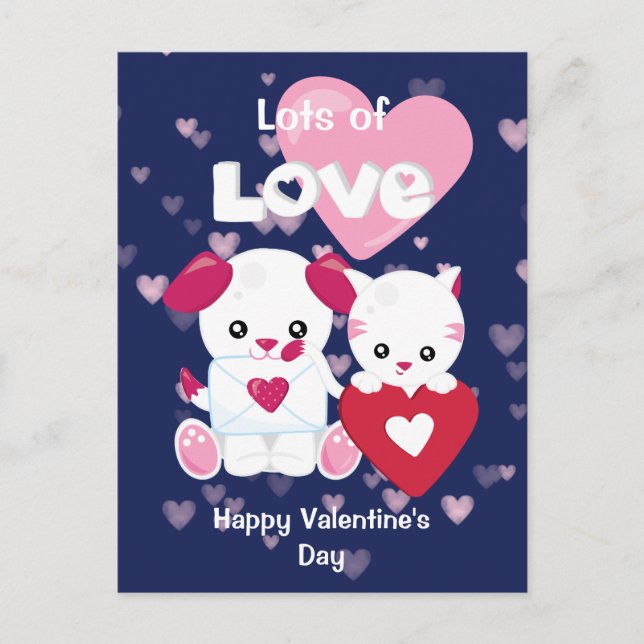Cute Puppy Dog and Kitty Cat Valentine Postcard (Front)