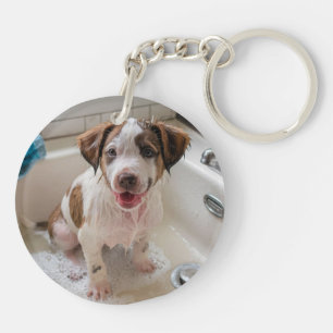Cute Puppy Dog Bathtime Round Acrylic Keychain