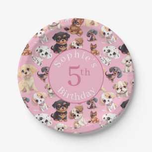 Cute Puppy Dog Birthday Pink Paper Plate
