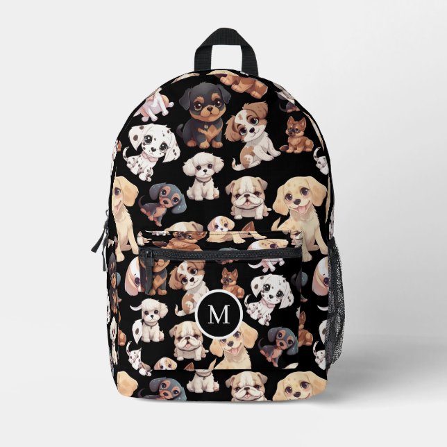 Cute Puppy Dog Black Printed Backpack (Front)