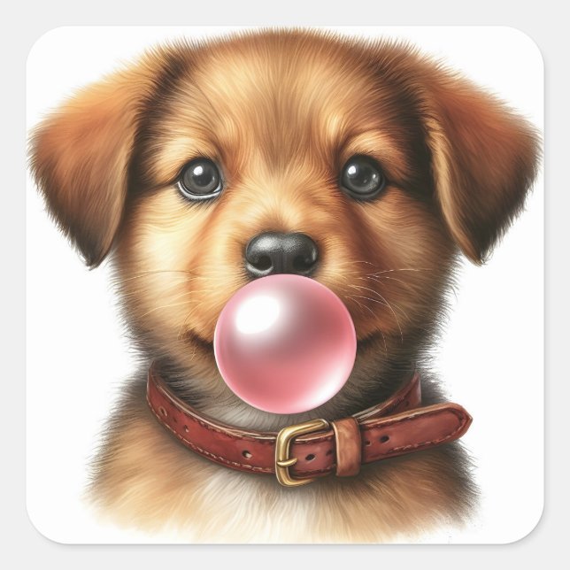 Cute Puppy Dog Blowing Bubble Gum  Square Sticker (Front)