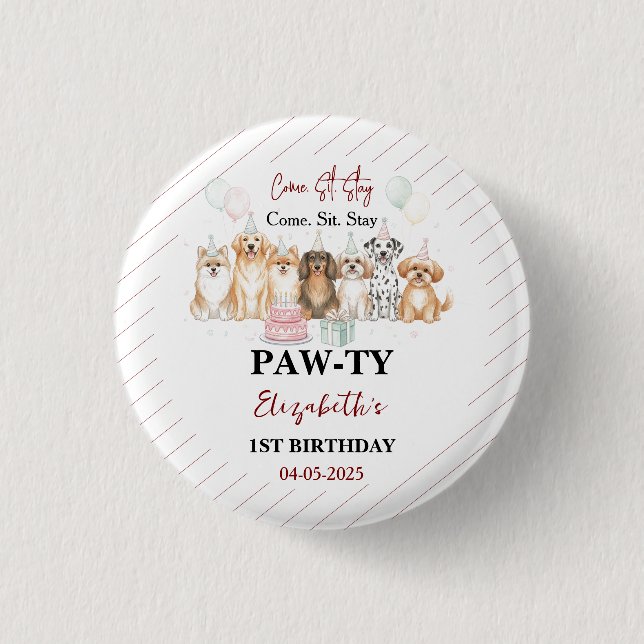 Cute Puppy Dog Boy 1st Birthday | Pawty Time First 3 Cm Round Badge (Front)
