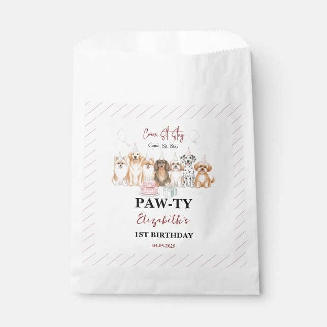 Cute Puppy Dog Boy 1st Birthday | Pawty Time First Favour Bags (Front)