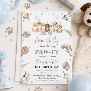 Cute Puppy Dog Boy 1st Birthday   Pawty Time First Invitation