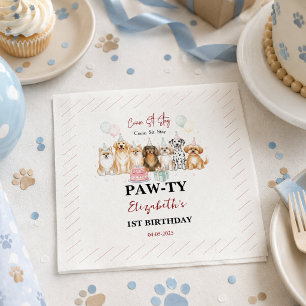 Cute Puppy Dog Boy 1st Birthday   Pawty Time First Napkin
