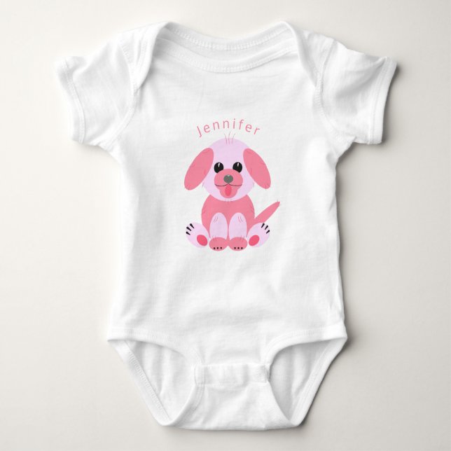 Cute Puppy Dog Cartoon Pink Personalised Baby Girl Bodysuit (Front)