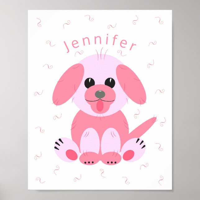 Cute Puppy Dog Cartoon Pink Personalised Girl Poster (Front)