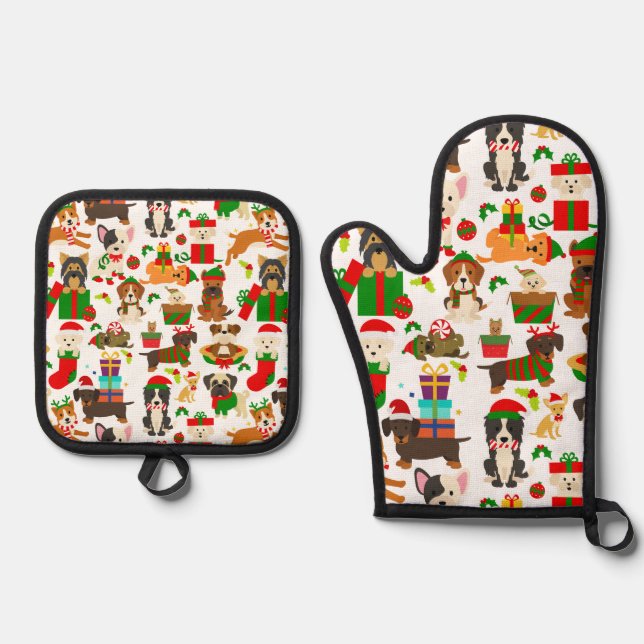 Cute Puppy Dog Christmas Oven Mitt & Pot Holder Set (Front)