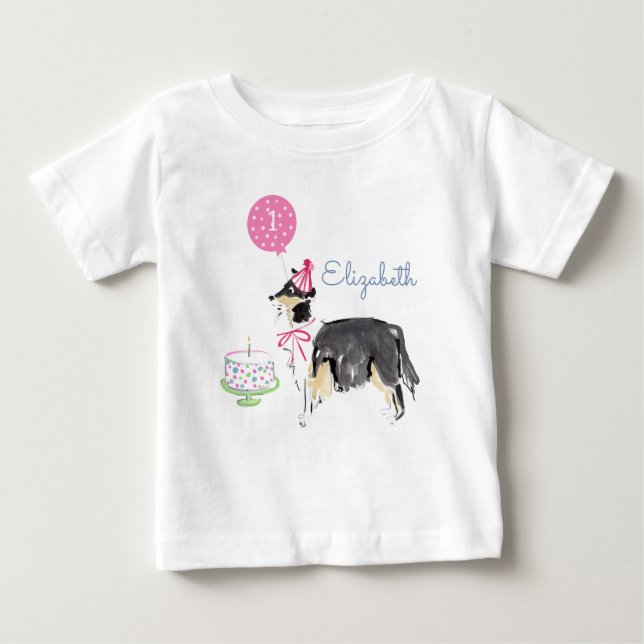 Cute Puppy Dog Collie 1st Birthday Cake Baby T-Shirt (Front)