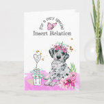 Cute puppy dog floral heart birthday girls party card<br><div class="desc">A cute and adorable illustration of a Dalmatian dog puppy surrounded by a pink watercolor splash, pretty pastel pink watercolor flowers; a whimsical white hand drawn pot plant growing a heart sketch and faux gold confetti glitter. She has pretty blossoms in her hair and the words, for a very special,...</div>