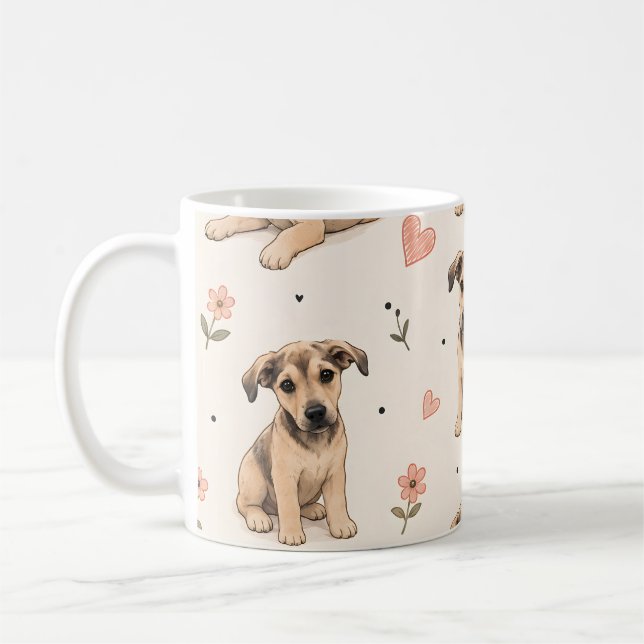Cute Puppy Dog Floral Pattern with Hearts Coffee Mug (Left)