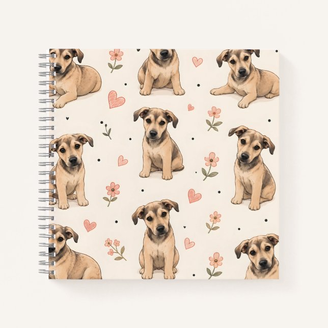 Cute Puppy Dog Floral Pattern with Hearts Notebook (Front)